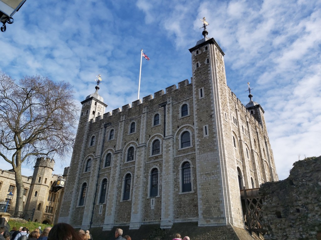 The Tower of London, with blue skies in the background.