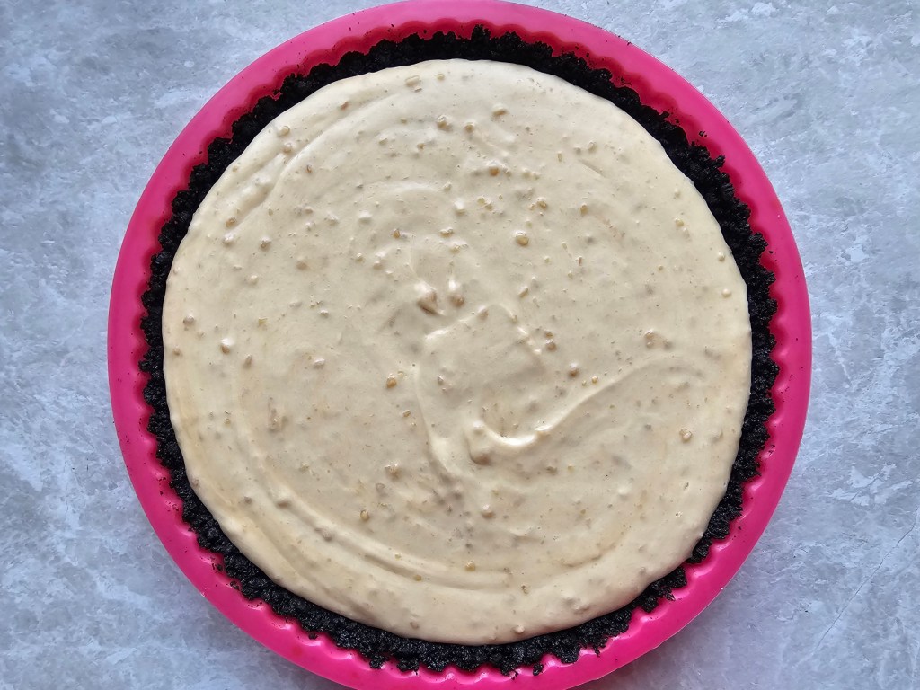 A silicone mould with Oreo crust and salted peanut butter fillng.