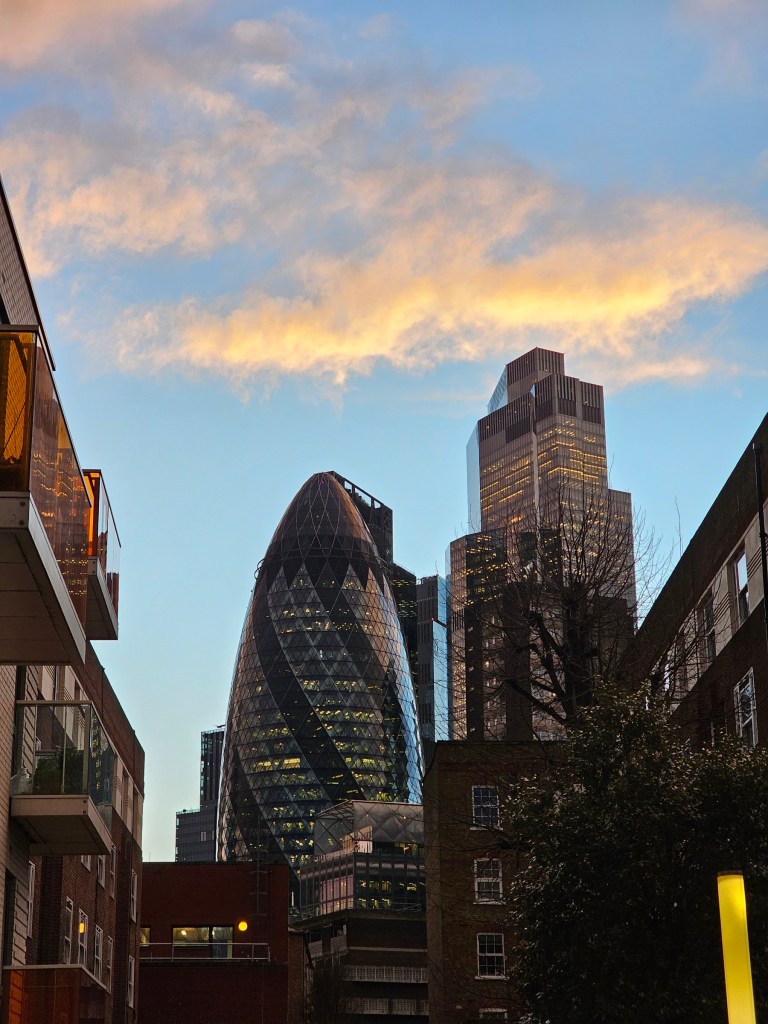 Skyscrapers, including the Gherkin, during golden hour.