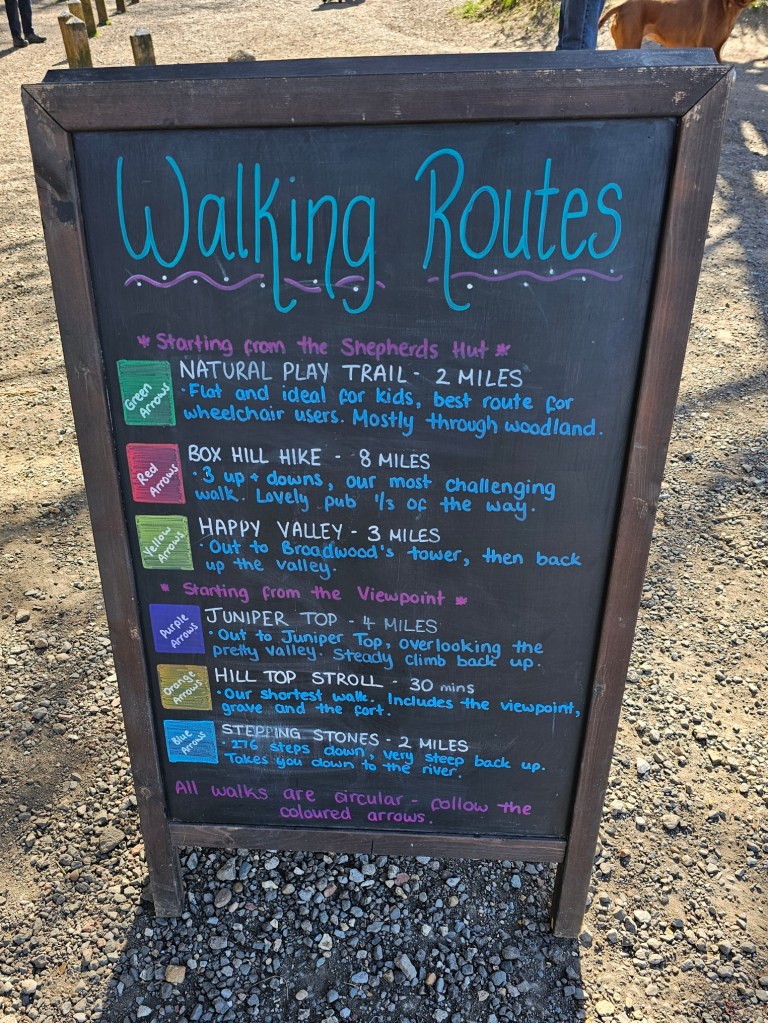 A board with all the walking routes near Box Hill listed.