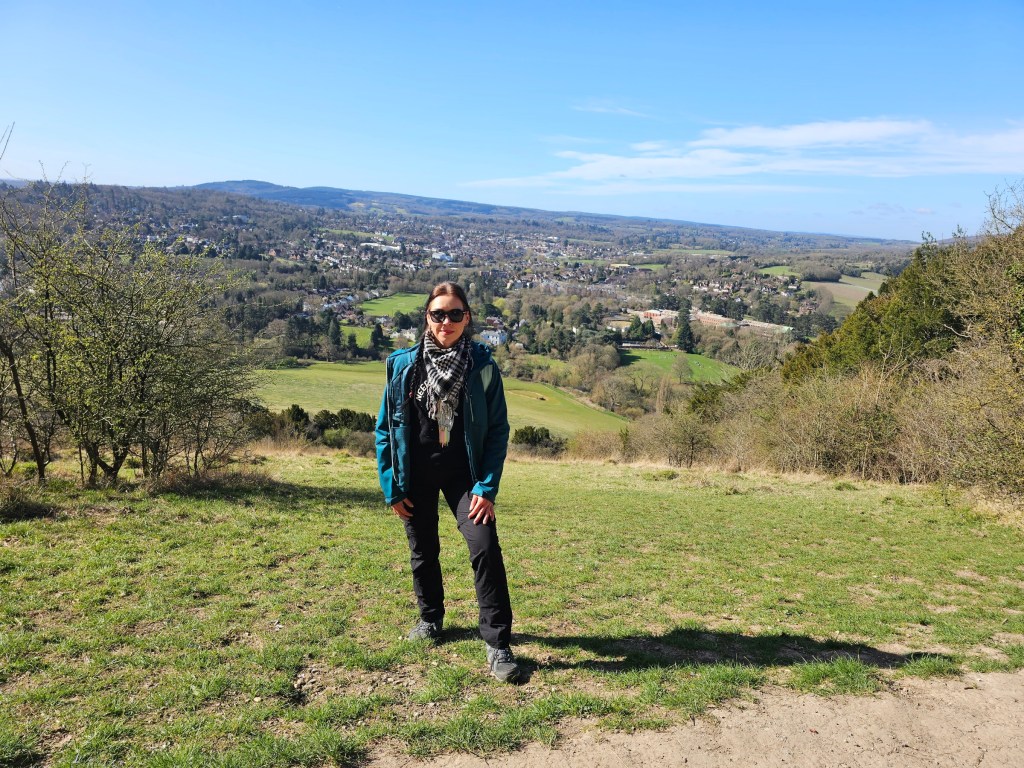 A person at the top of Box Hill, with a nice view behind.