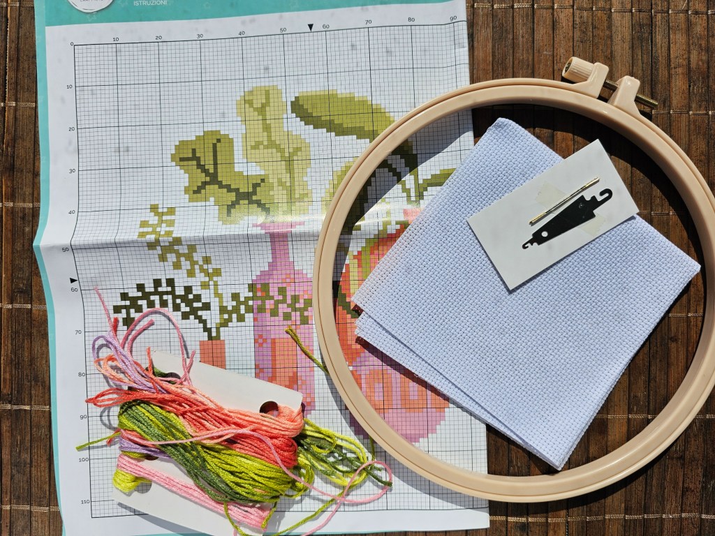 Contents of a DIY cross stitch kit: a plastic hoop, a blank aida, a couple of needles, a threader, yarn in assorted colours and a leaflet with the diagram.