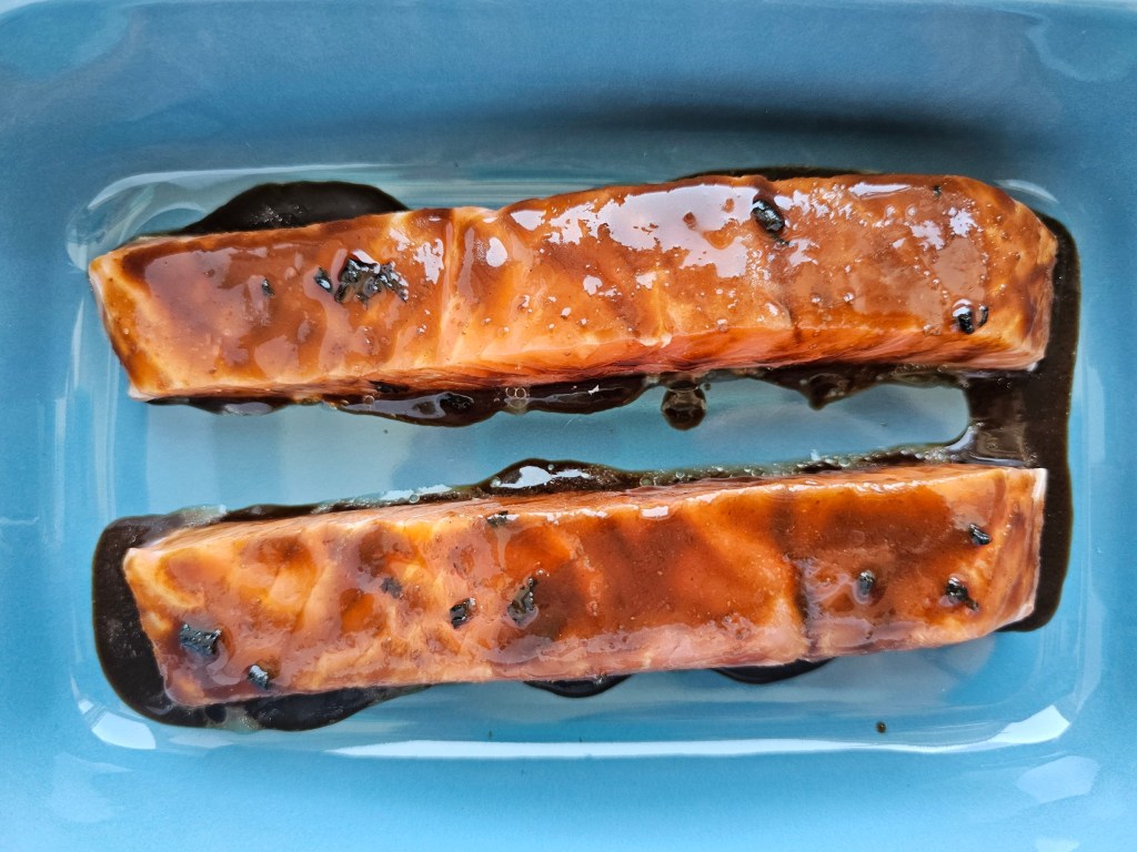Two salmon fillets glazed with a miso marinade