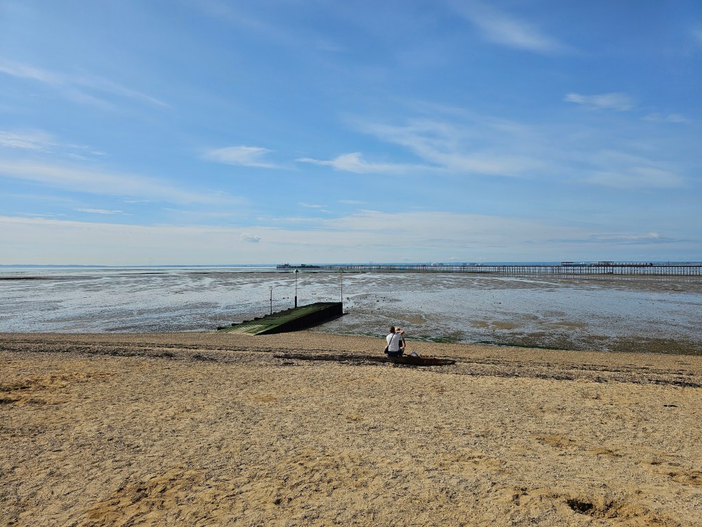Empty beach in Southend-on-sea at low tide. The pier can be seen on the horizon.