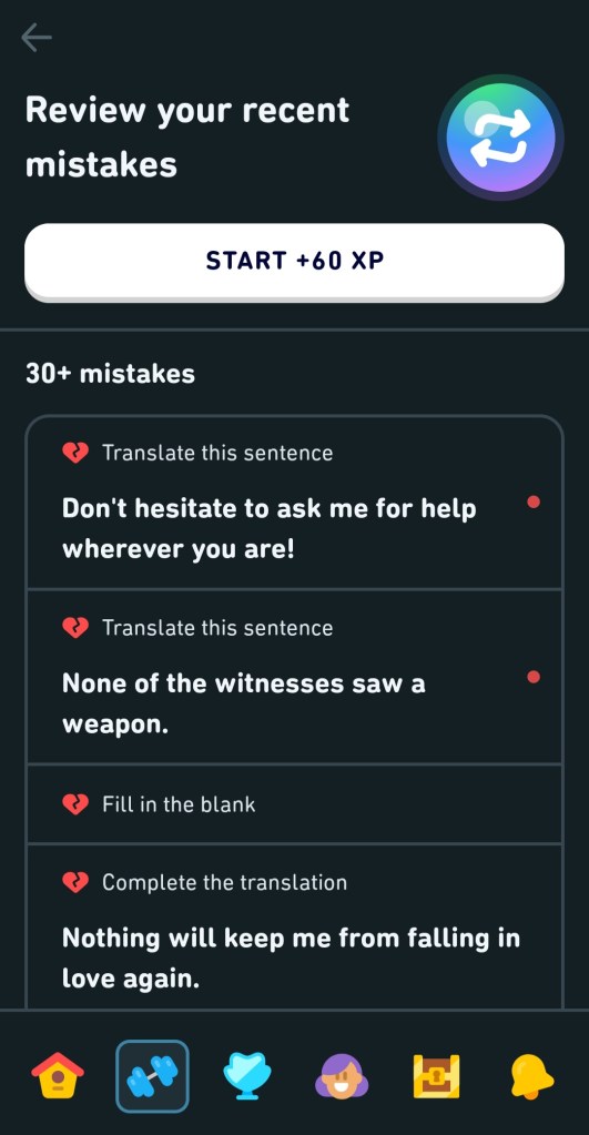 Mistakes section in Super Duolingo