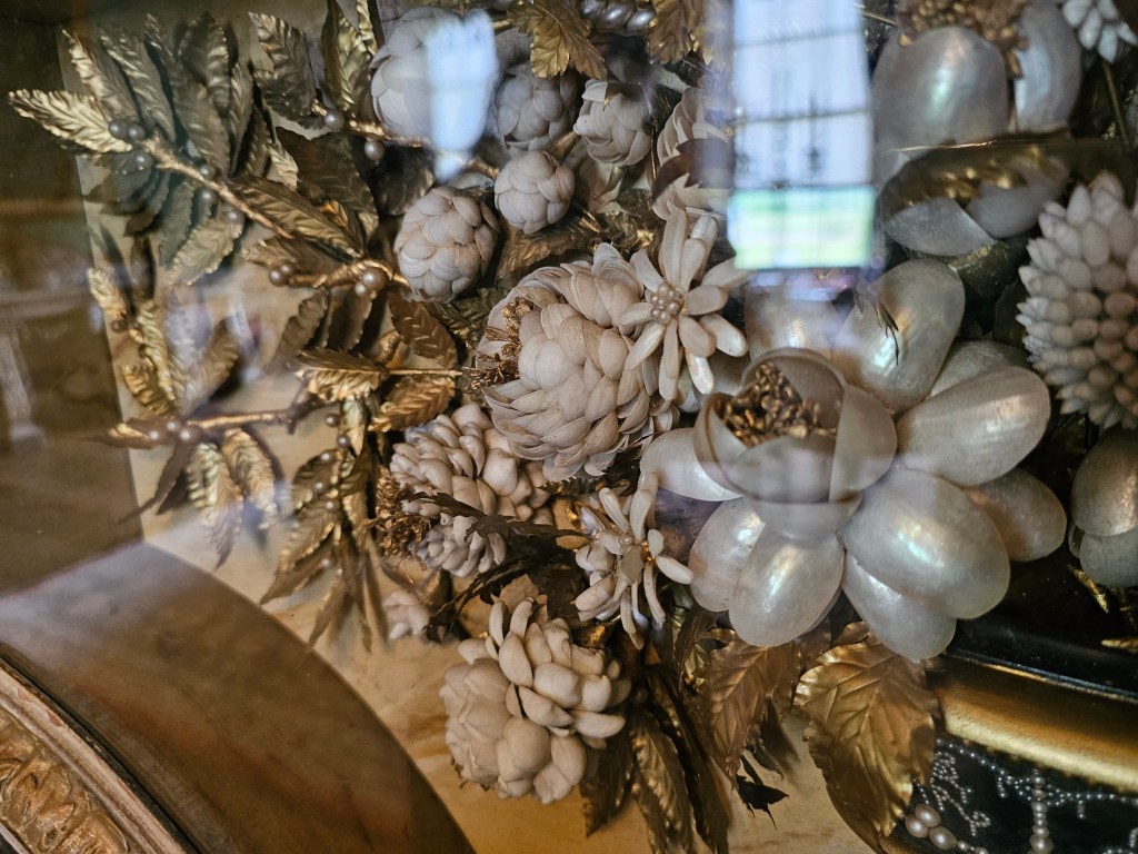 Intricate floral decoration made of seashells at Wimpole Hall.