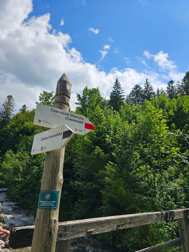 Signposts with various trails in Koscieliska Valley.