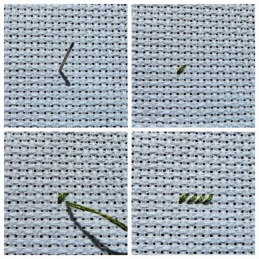 A collage showing how to sew the first row of cross stitches.