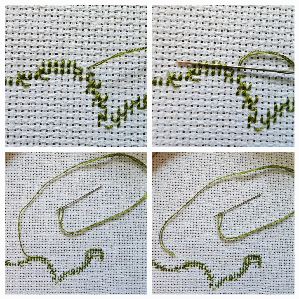 A collage showing how to finish a block of colour when cross stitching.