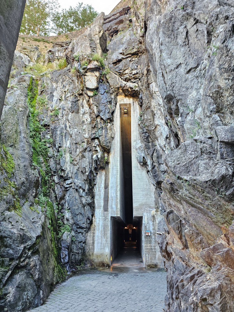 A hallway to the lift in the mountain with Grand Castle in Bellinzona, Switzerland