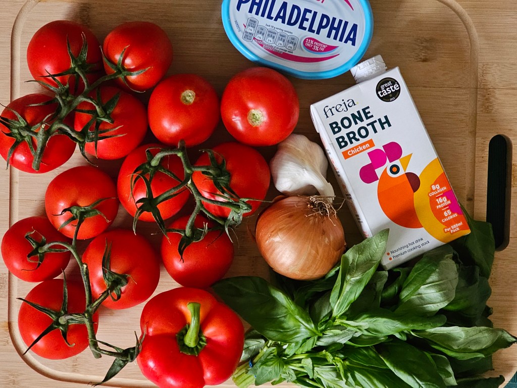 Tomatoes, bell pepper, onion, garlic, basil, Philadelphia cream cheese and chicken bone broth