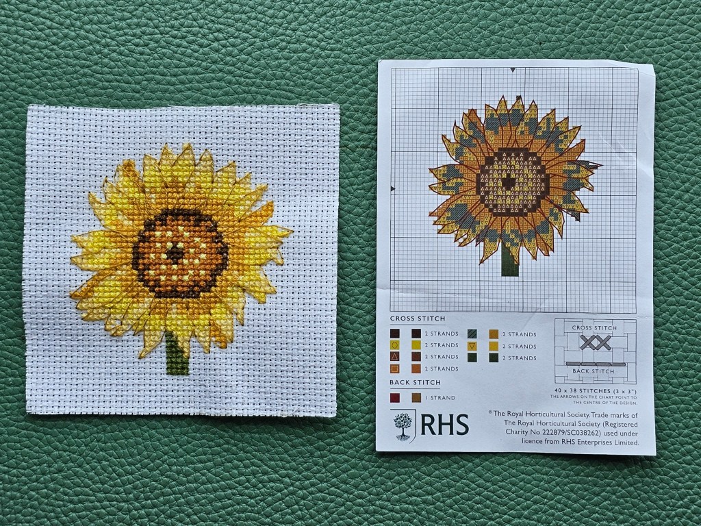 Completed cross stitched mini sunflower flower