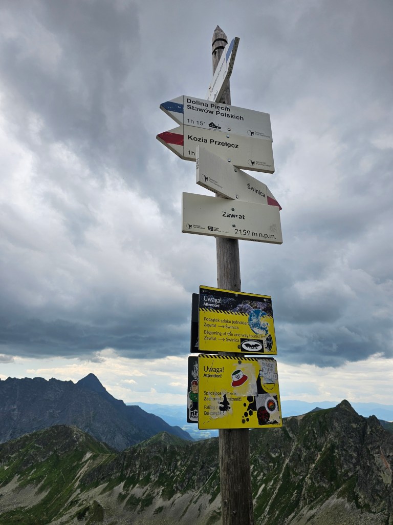 A pole with signs with various trails at the top of Zawrat