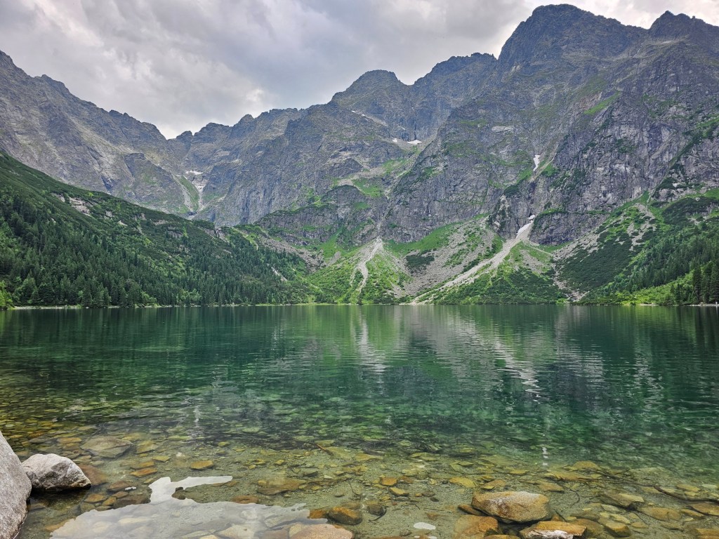 A lake surrounded by tall mountains
