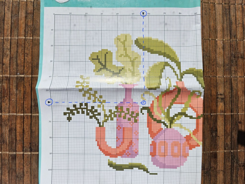A cross stitch pattern with the middle point marked