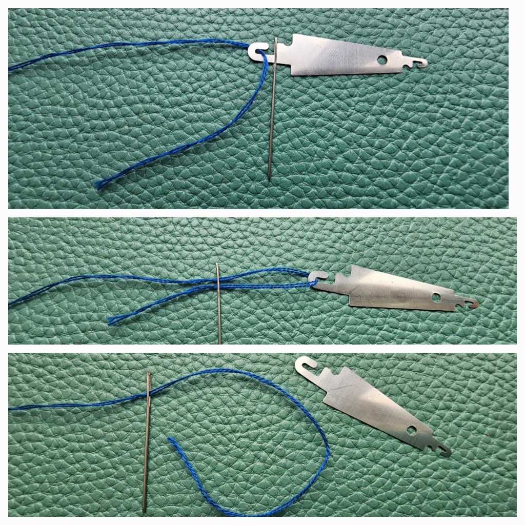 A collage showing three steps of using a threader tool to thread a needle