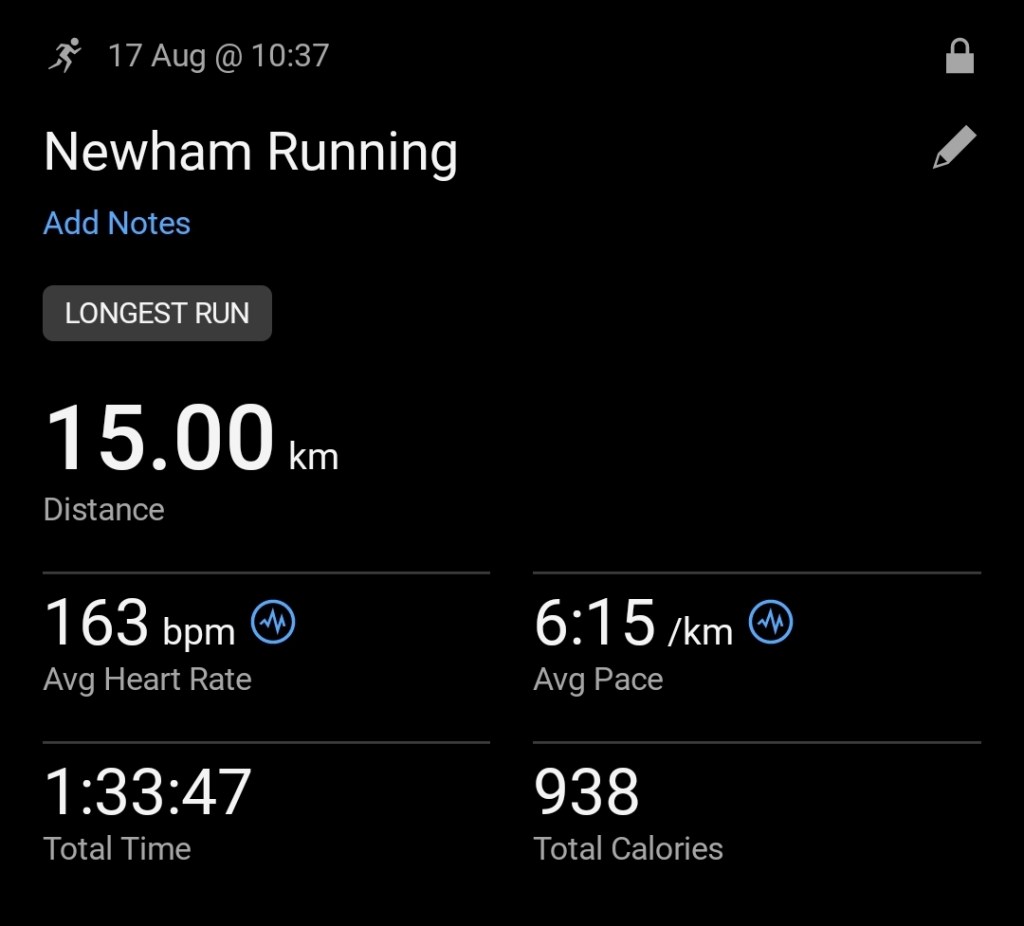 A screenshot from a fitness tracking app with stats from a completed 15km run