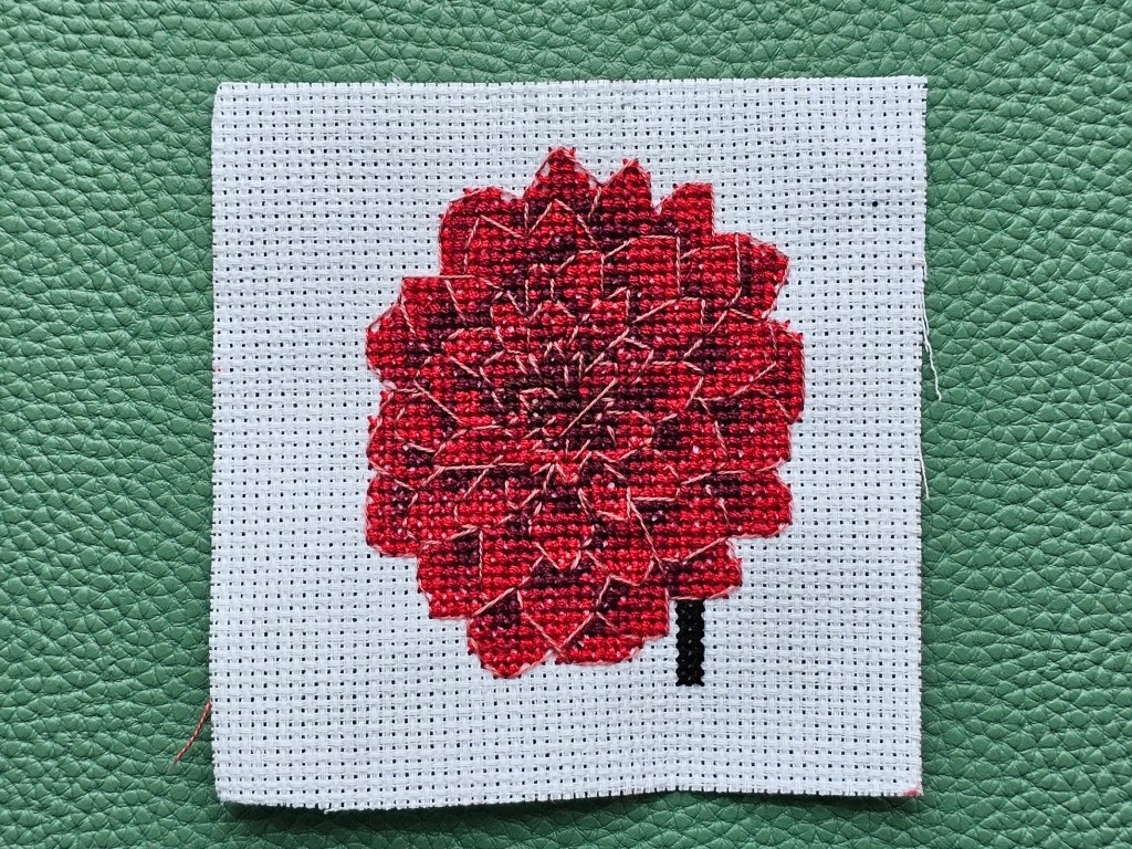 Completed cross stitched mini dahlia flower