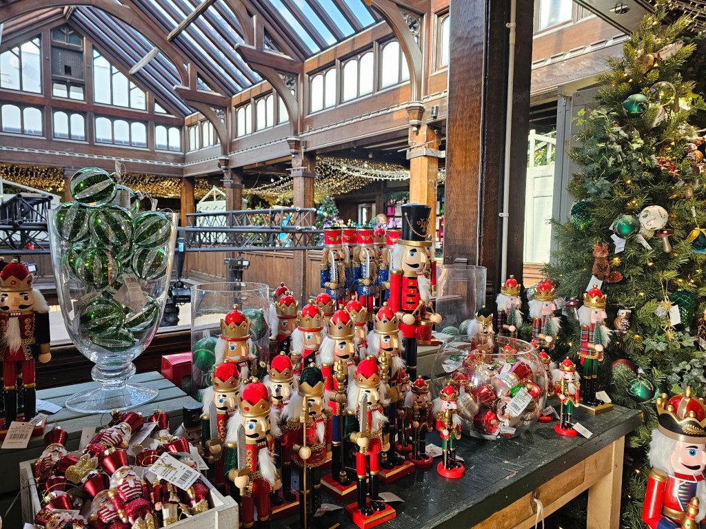 Christmas decorations in Libery London, including various nutcrackers.
