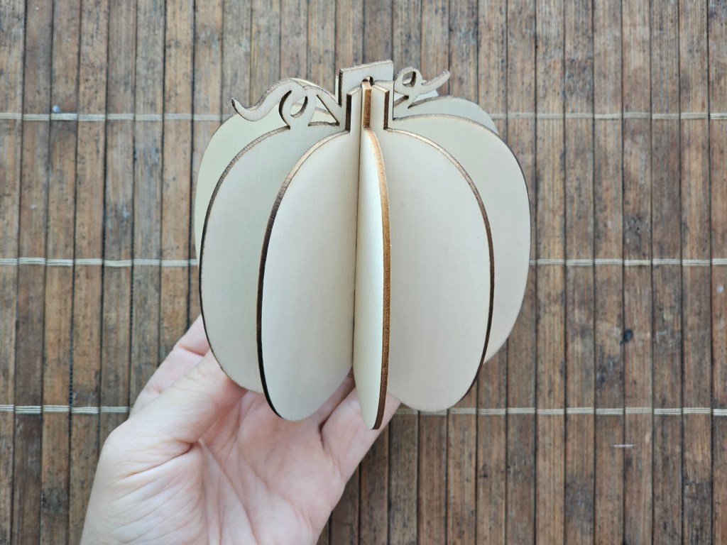 Assembled wooden pumpkin ornament, before painting
