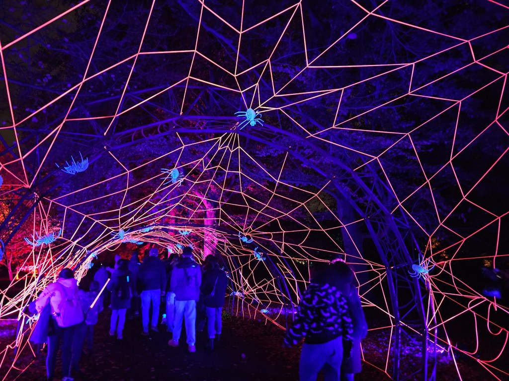 A tunnel made of neon faux spiderwebs with giant fluorescent spiders. People are walking through the tunnel.
