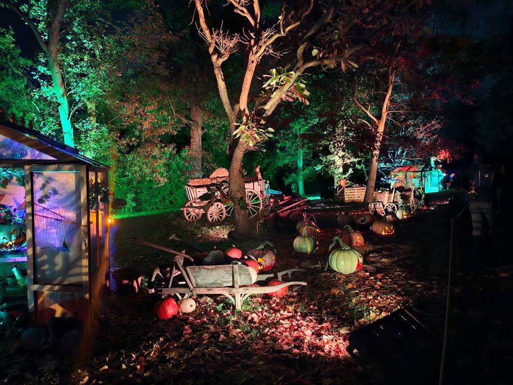 A pumpkin farm with various garden tools, replicated in Kew Gardens for a Halloween event