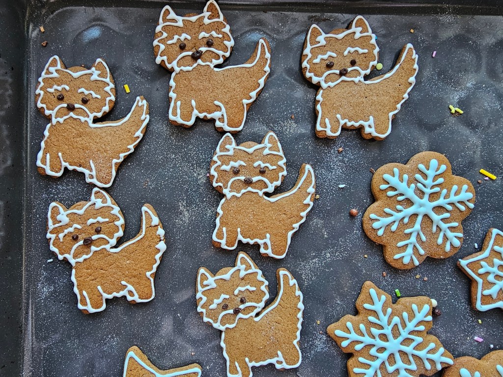 Gingerbread cookies in the shape of a dog, with icing details