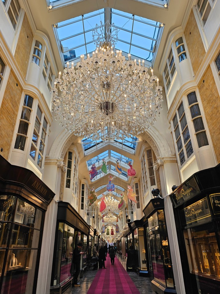 A posh arcade with crystal chandeliers