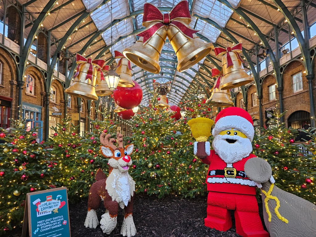 LEGO Santa Claus and reindeer statues and Christmas decorations in Covent Garden