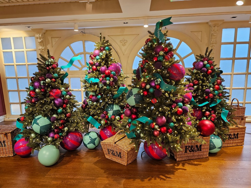 Colourful Christmas trees and giant baubles in Fortnum & Mason