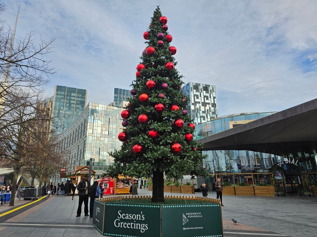 Christmas tree with large red baubles in Greenwich, London