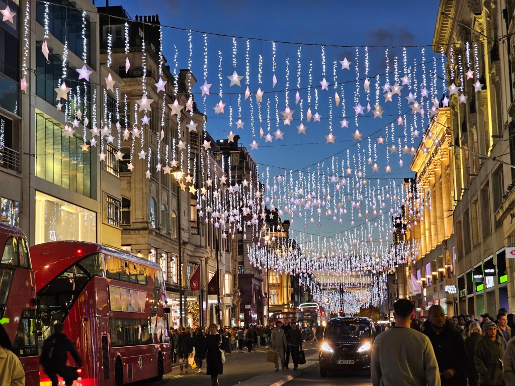Hanging star Christmas illuminations on Oxford Street, London