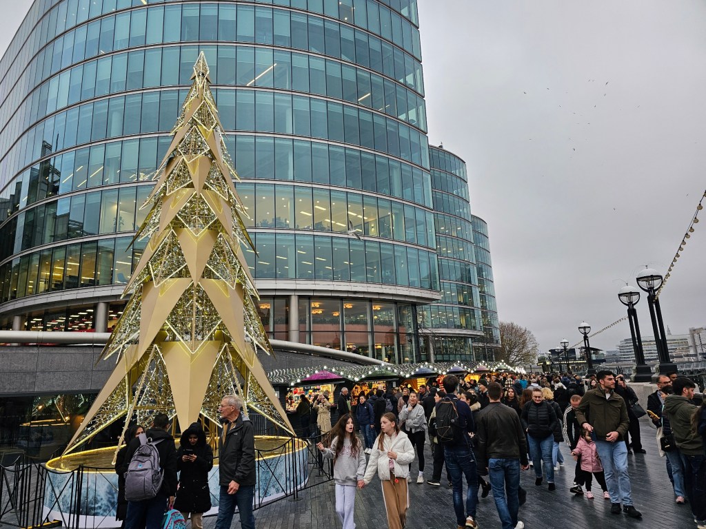 Christmas market and Christmas tree near Tower Bridge, London