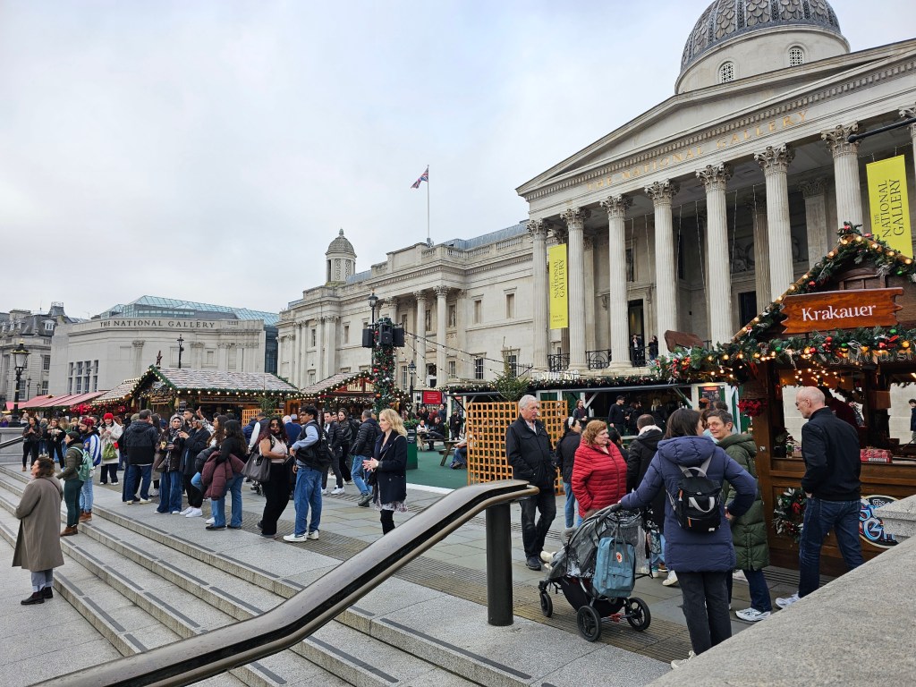 Christmas market on Trafalgar Square, London, in front of National Gallery
