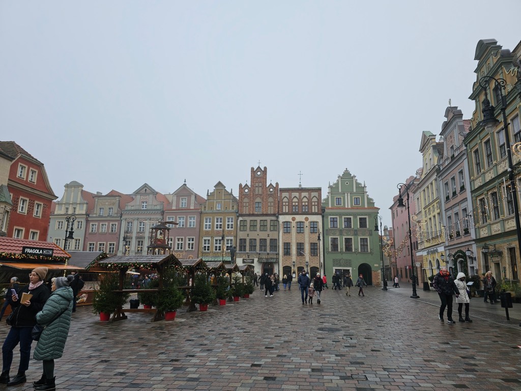 Poznan town square during the Christmas market on an overcast day