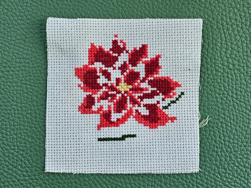 Partially completed cross stitch poinsettia. Four colours are finished.