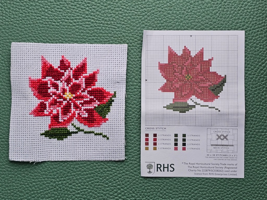 Nearly completed cross stitch poinsettia.