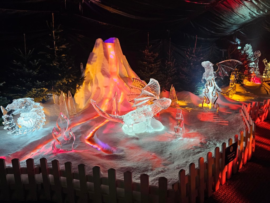 Dragon shaped ice sculptures in Winter Wonderland, Hyde Park, London