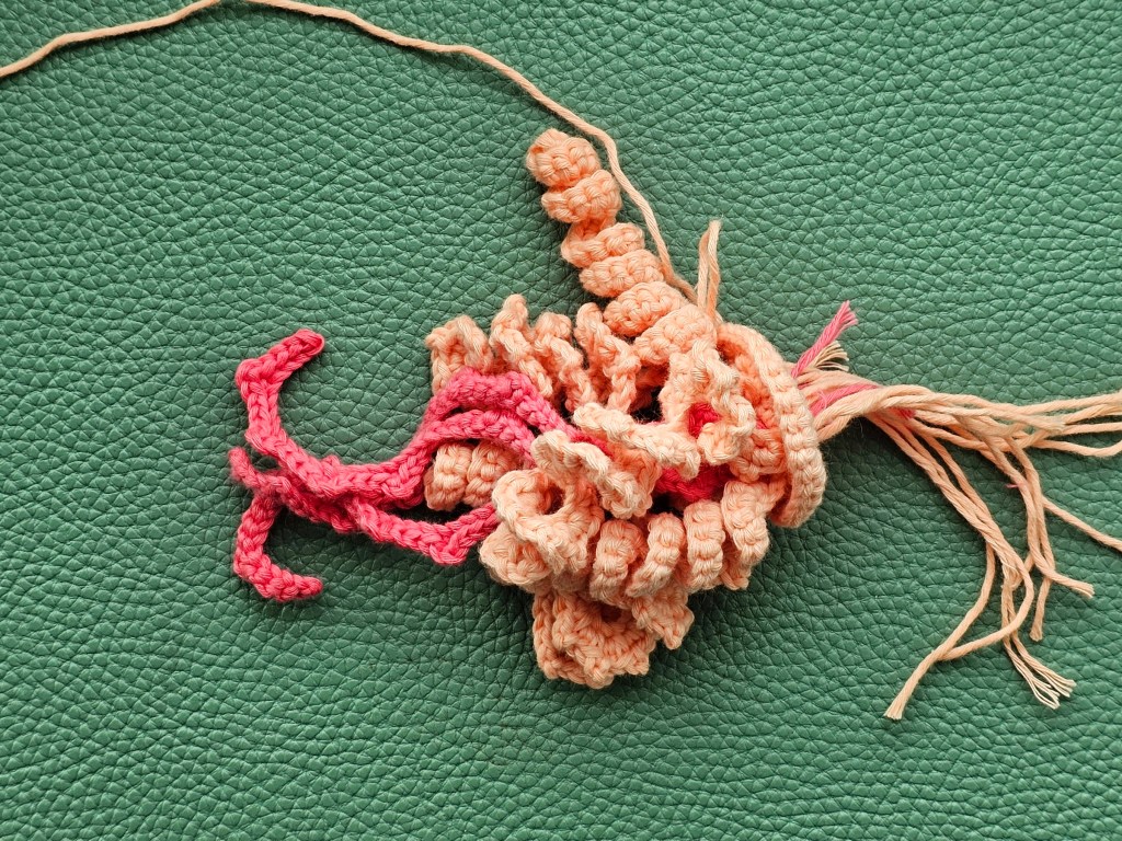 Embroidered pink and peach tentacles of a jellyfish