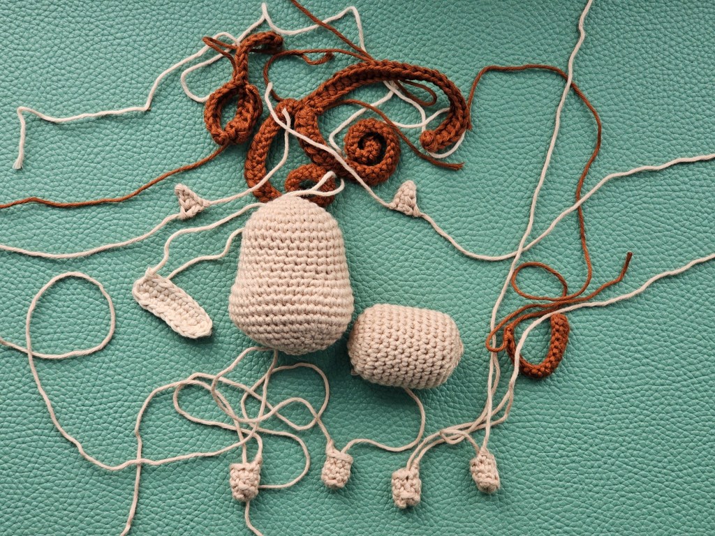 Crocheted parts for a small pony toy: head, body, legs, ears, muzzle, bangs, mane, and tail