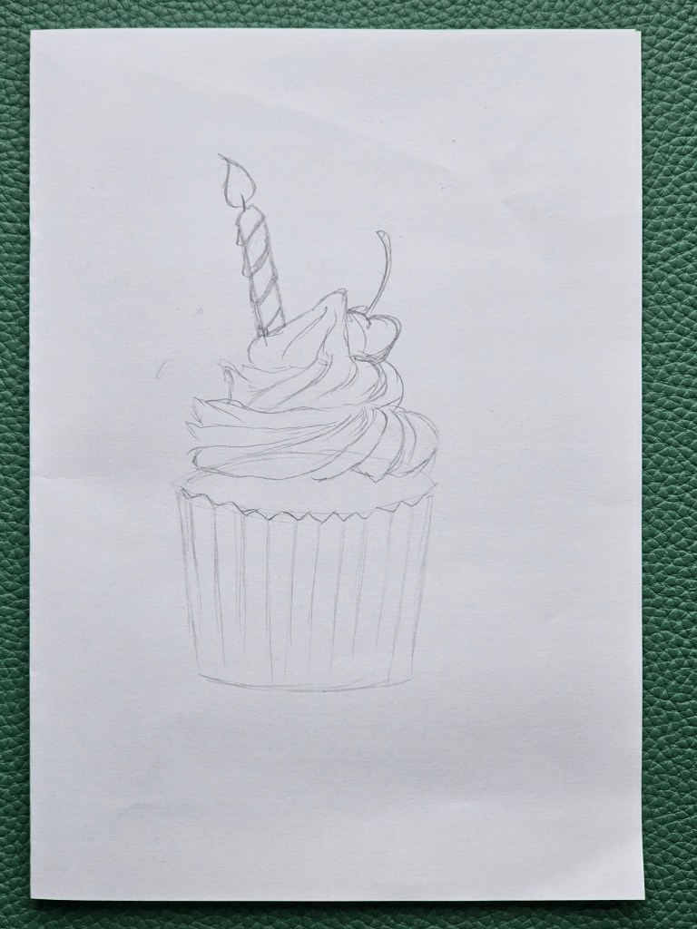 Pencil sketch of a handmade birthday card featuring a cupcake with a candle