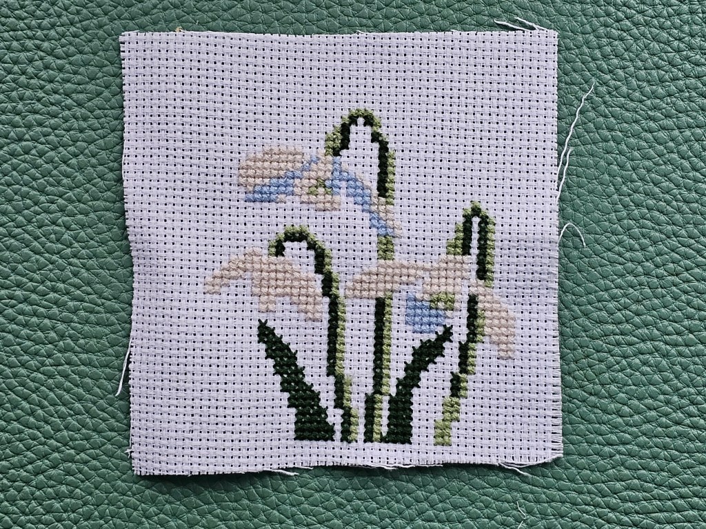 Nearly finished small cross stitch design featuring snowdrops