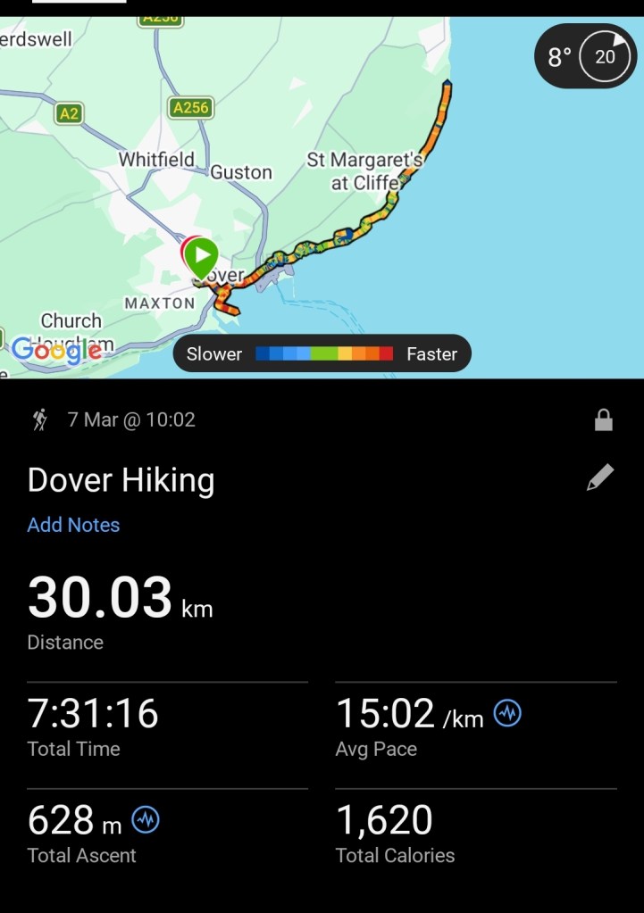 Summary of a hike on the White Cliffs of Dover in England - a screenshot from a fitness app.