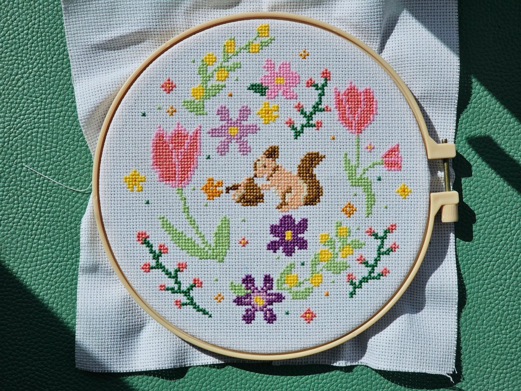 Completed cross stitch design featuring a squirrel and lots of colourful flowers