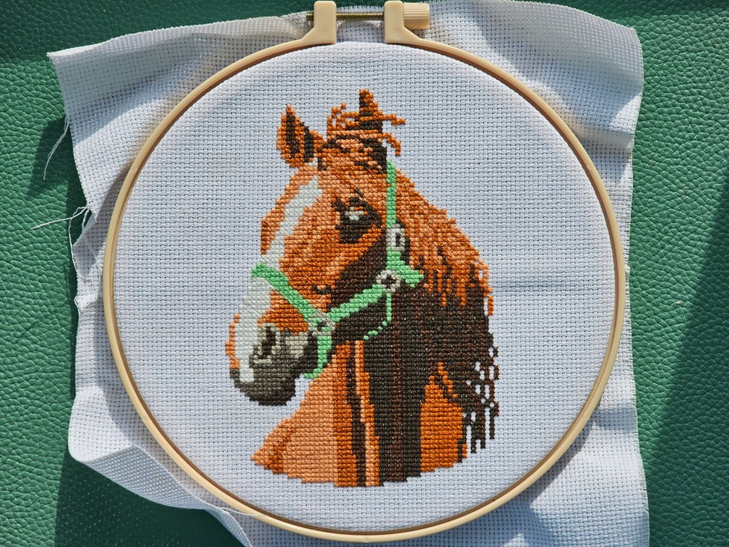 Finished cross stitch design featuring a realistic brown horse