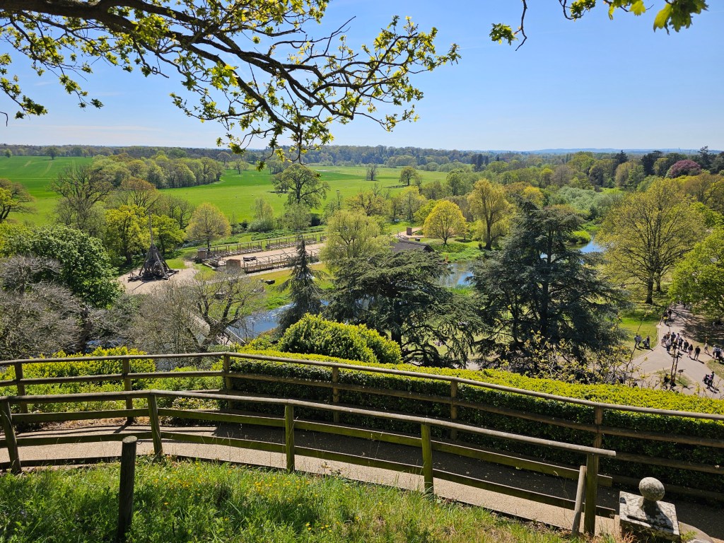 Green pastures seen from the mound of Warwick Castle, England