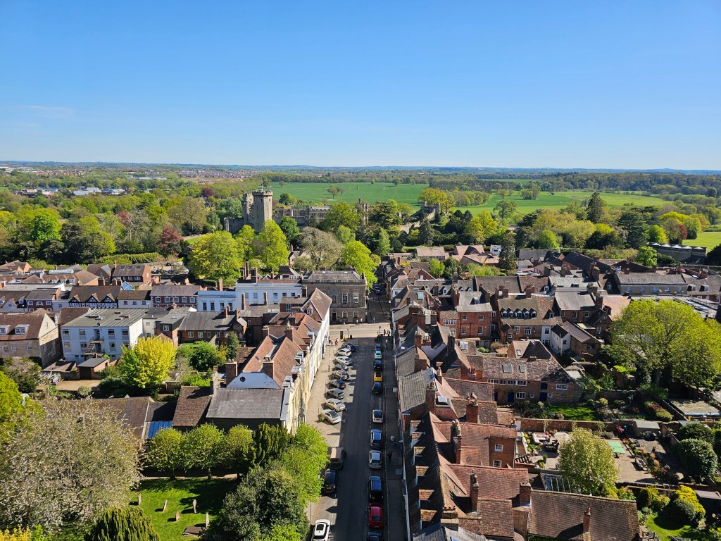The view from the tower of St Mary's Church in Warwick. Warwick Castle can be seen in the background.