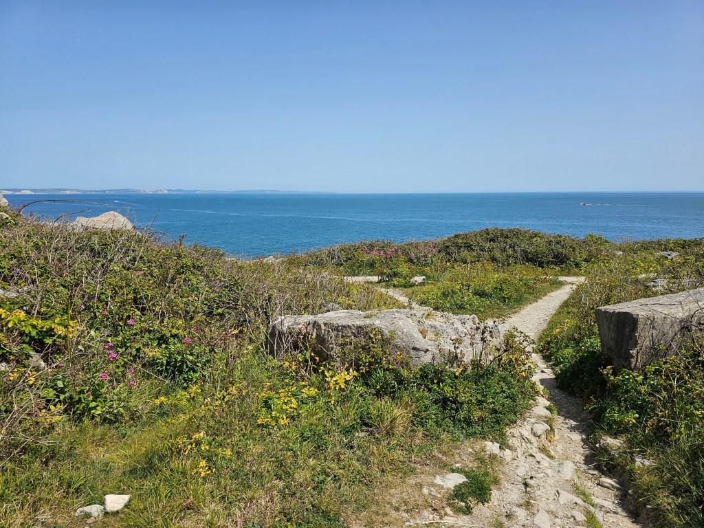 Rocky coastal path on the Isle of Portland, Dorset, UK