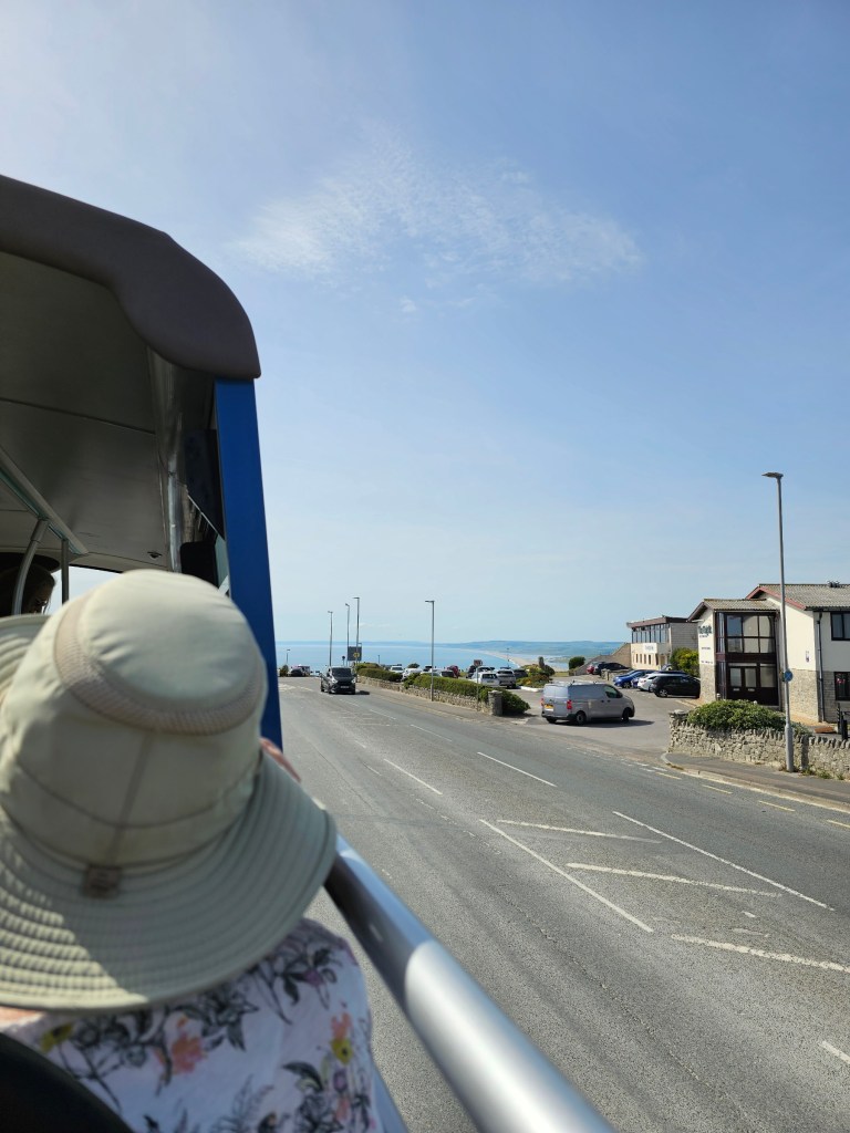 View from an open bus during a journey from Portland to Weymouth