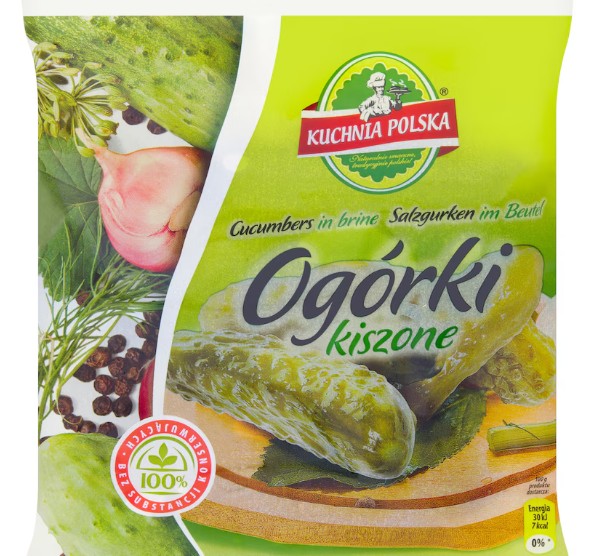 The packaging of supermarket polish pickled cucumbers